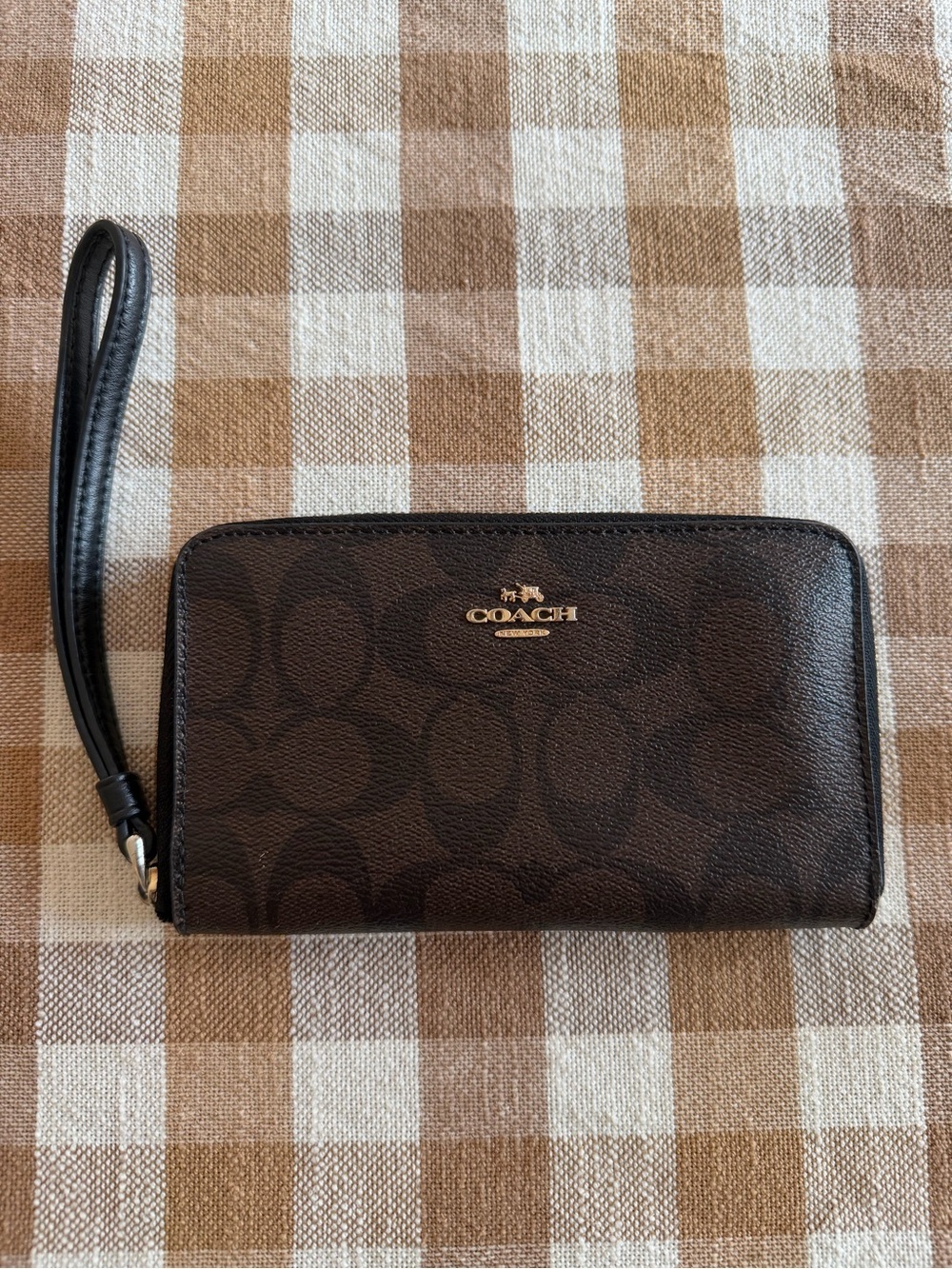 Coach Signature Canvas Double Zip Wristlet Wallet Black Brown